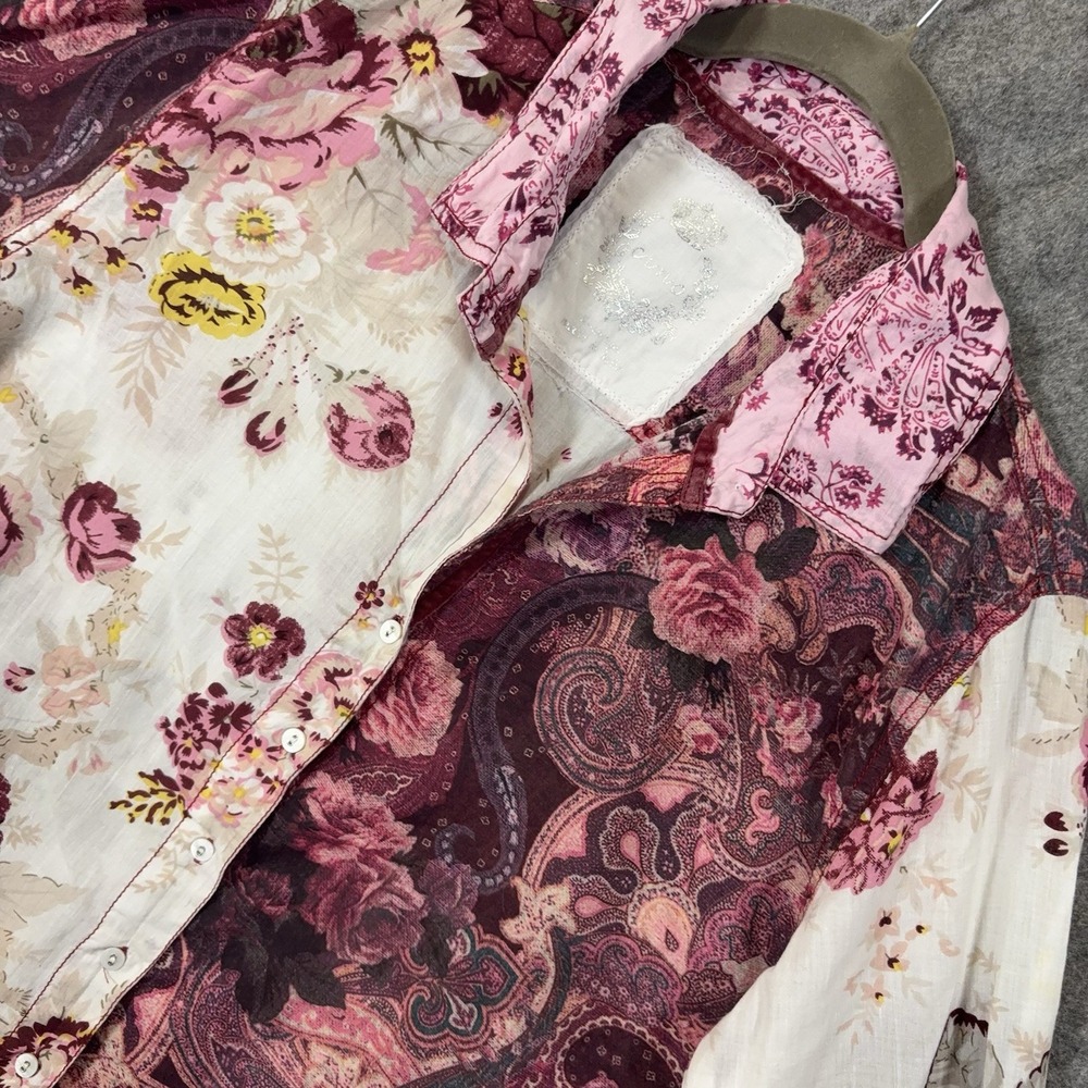 Cino Sundance Blouse Top Womens XL Burgundy Cream Floral Roll Tab Cottagecore